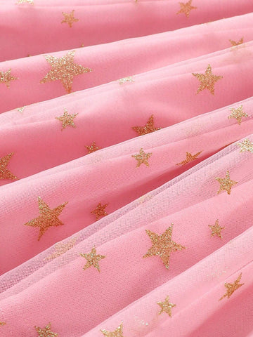 Young Girl's Round Neck Unicorn Print Bubble Sleeve Top With Pink & Gold Mesh Skirt Dress