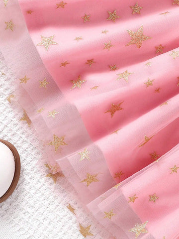 Young Girl's Round Neck Unicorn Print Bubble Sleeve Top With Pink & Gold Mesh Skirt Dress