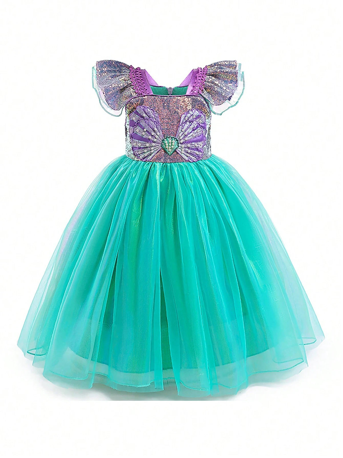 Young Girl's Ruffle Cap Sleeve Sequin Mesh Tulle Party Dress, Suitable For Costume Play, Party