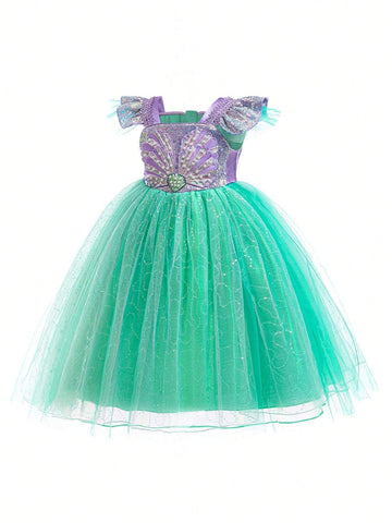 Young Girl's Ruffle Cap Sleeve Sequin Mesh Tulle Party Dress, Suitable For Costume Play, Party