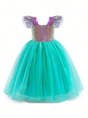 Young Girl's Ruffle Cap Sleeve Sequin Mesh Tulle Party Dress, Suitable For Costume Play, Party