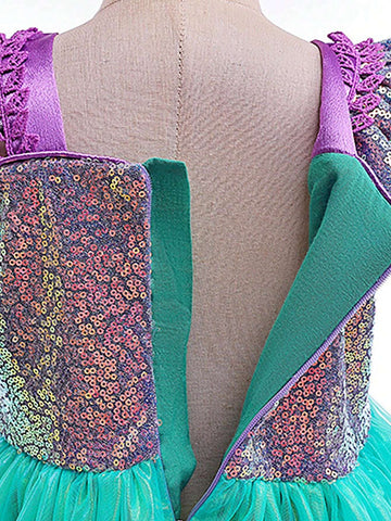 Young Girl's Ruffle Cap Sleeve Sequin Mesh Tulle Party Dress, Suitable For Costume Play, Party