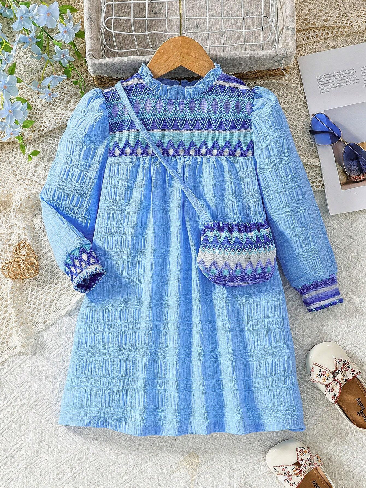 Young Girls Ruffle Collar Patchwork Contrast Color Jacquard Long Sleeve Loose Casual Dress
