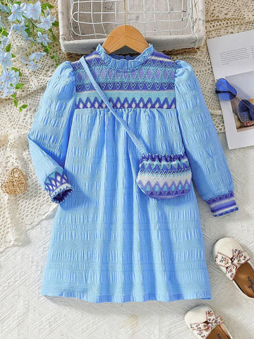 Young Girls Ruffle Collar Patchwork Contrast Color Jacquard Long Sleeve Loose Casual Dress