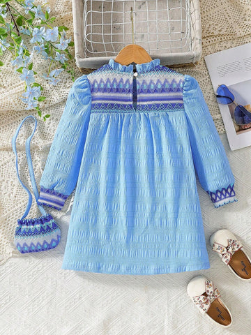 Young Girls Ruffle Collar Patchwork Contrast Color Jacquard Long Sleeve Loose Casual Dress