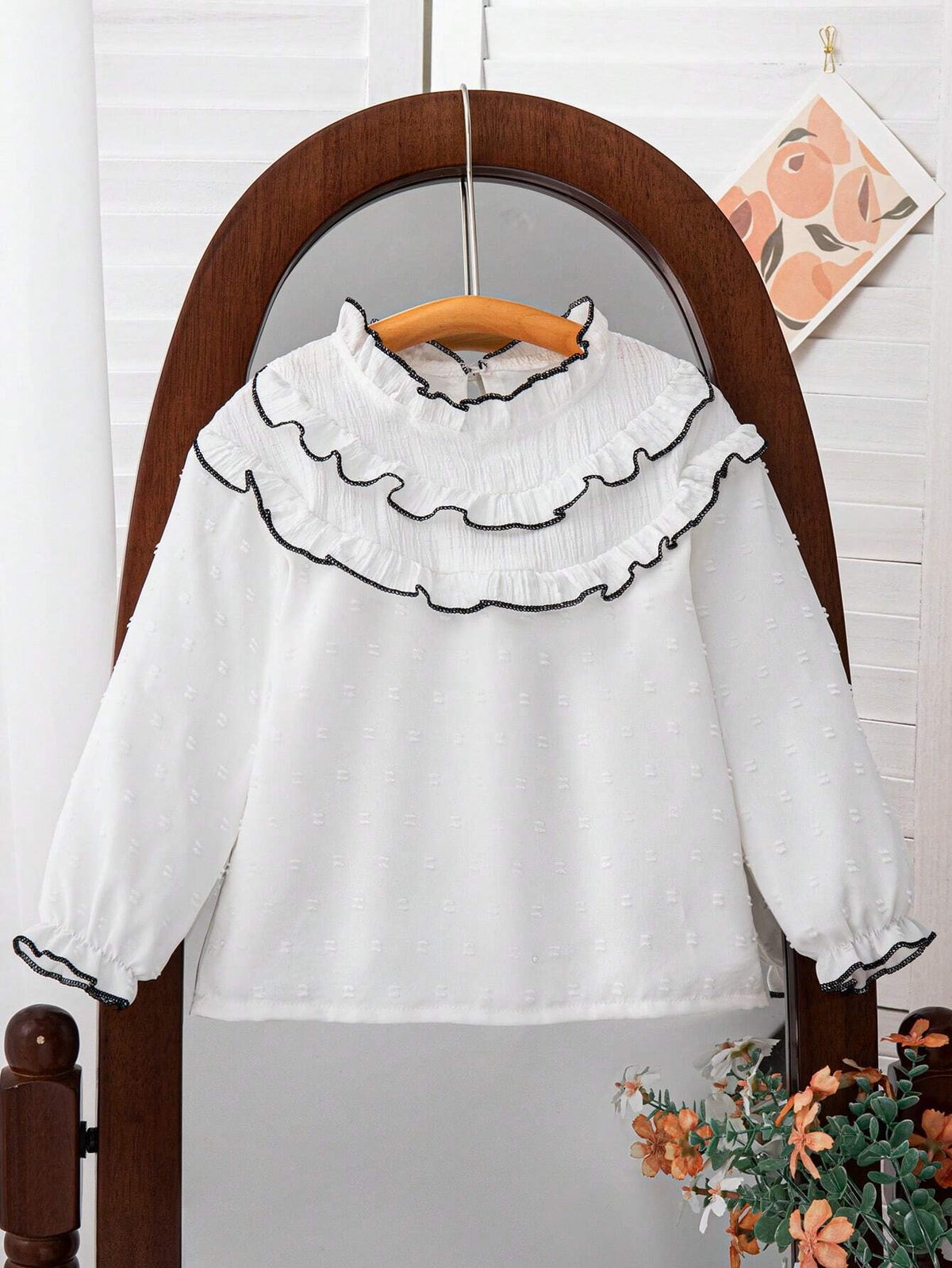 Young Girl's Ruffle Trim Loose Fit Stand Collar Long Sleeve Shirt, Spring & Summer