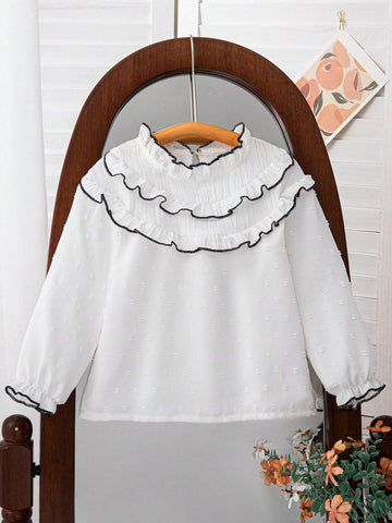 Young Girl's Ruffle Trim Loose Fit Stand Collar Long Sleeve Shirt, Spring & Summer