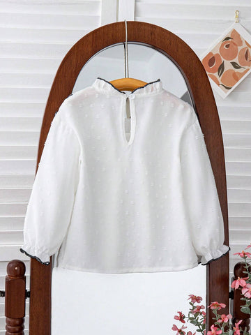 Young Girl's Ruffle Trim Loose Fit Stand Collar Long Sleeve Shirt, Spring & Summer