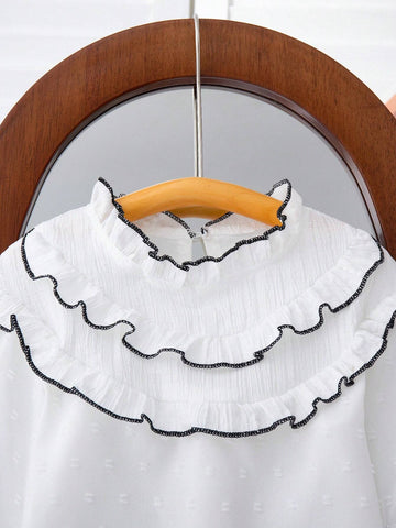 Young Girl's Ruffle Trim Loose Fit Stand Collar Long Sleeve Shirt, Spring & Summer