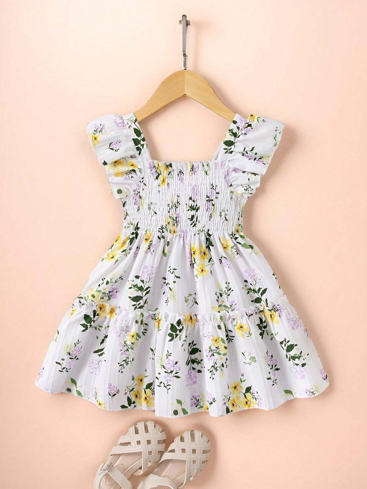 Young Girls' Ruffled Floral Print Square Neckline Shirred Dress