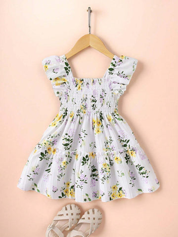 Young Girls' Ruffled Floral Print Square Neckline Shirred Dress