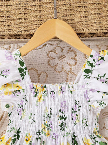 Young Girls' Ruffled Floral Print Square Neckline Shirred Dress