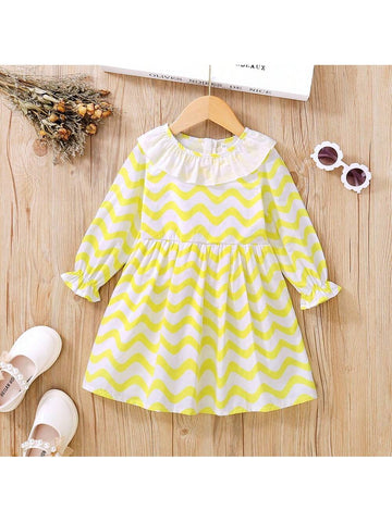 Young Girls Ruffled Striped Peter Pan Collar Dress, Spring/Autumn