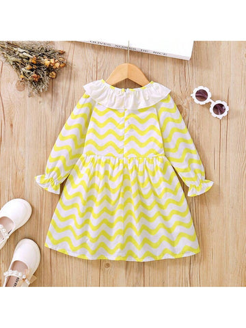 Young Girls Ruffled Striped Peter Pan Collar Dress, Spring/Autumn