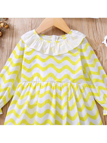 Young Girls Ruffled Striped Peter Pan Collar Dress, Spring/Autumn