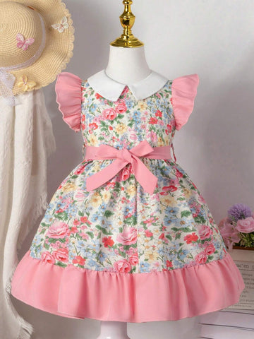 Young Girls' Rural Style Rose Patchwork Dress With Ruffle Collar & Hem For Outing And Holiday, Nordic Manor