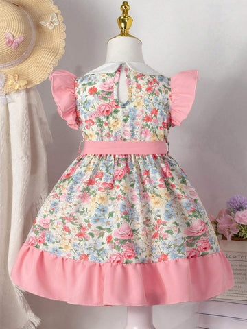 Young Girls' Rural Style Rose Patchwork Dress With Ruffle Collar & Hem For Outing And Holiday, Nordic Manor