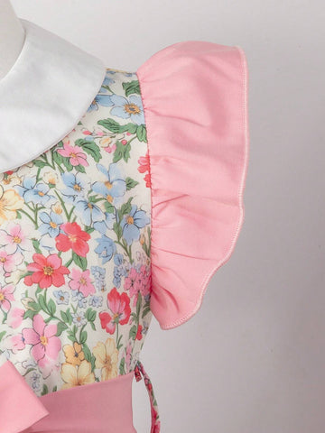 Young Girls' Rural Style Rose Patchwork Dress With Ruffle Collar & Hem For Outing And Holiday, Nordic Manor