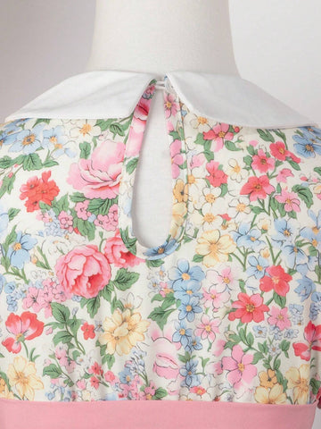 Young Girls' Rural Style Rose Patchwork Dress With Ruffle Collar & Hem For Outing And Holiday, Nordic Manor
