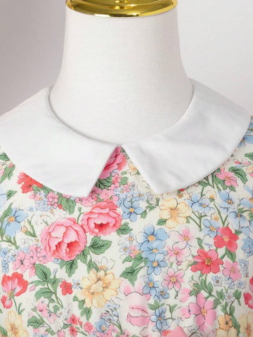 Young Girls' Rural Style Rose Patchwork Dress With Ruffle Collar & Hem For Outing And Holiday, Nordic Manor