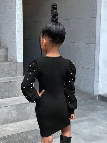 Young Girl's Casual Knit Crew Neck Long Sleeve Pearl Embellished Dress