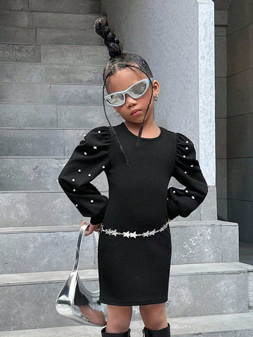Young Girl's Casual Knit Crew Neck Long Sleeve Pearl Embellished Dress