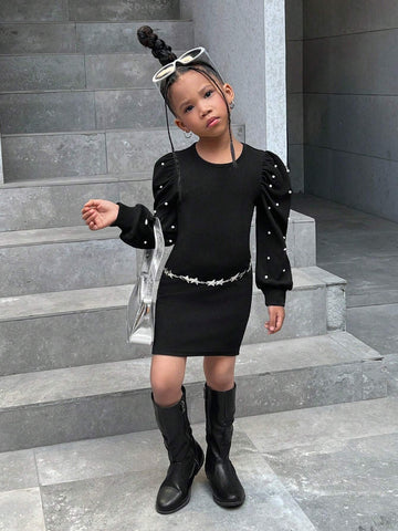 Young Girl's Casual Knit Crew Neck Long Sleeve Pearl Embellished Dress