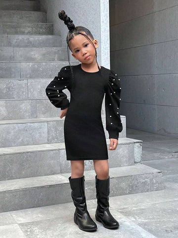 Young Girl's Casual Knit Crew Neck Long Sleeve Pearl Embellished Dress
