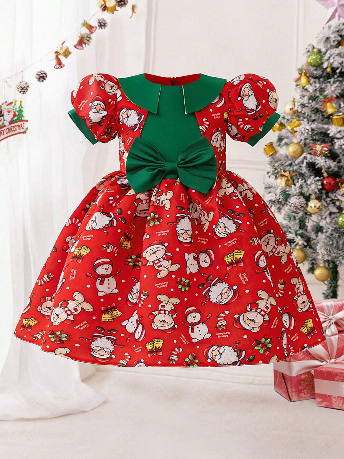 Young Girls Santa Claus Graphic Holiday Party Princess Dress, Fabric Print Design Randomly Cut, Suitable For Celebration Evening
