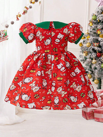 Young Girls Santa Claus Graphic Holiday Party Princess Dress, Fabric Print Design Randomly Cut, Suitable For Celebration Evening