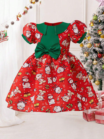 Young Girls Santa Claus Graphic Holiday Party Princess Dress, Fabric Print Design Randomly Cut, Suitable For Celebration Evening
