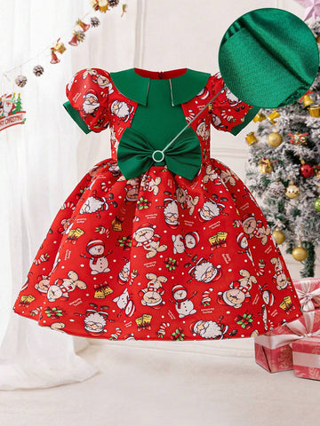 Young Girls Santa Claus Graphic Holiday Party Princess Dress, Fabric Print Design Randomly Cut, Suitable For Celebration Evening