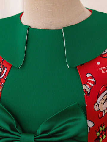 Young Girls Santa Claus Graphic Holiday Party Princess Dress, Fabric Print Design Randomly Cut, Suitable For Celebration Evening