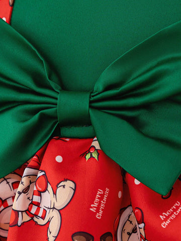 Young Girls Santa Claus Graphic Holiday Party Princess Dress, Fabric Print Design Randomly Cut, Suitable For Celebration Evening