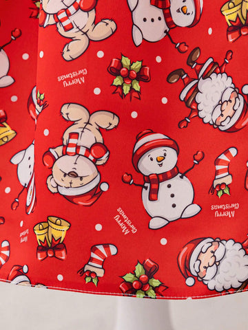 Young Girls Santa Claus Graphic Holiday Party Princess Dress, Fabric Print Design Randomly Cut, Suitable For Celebration Evening