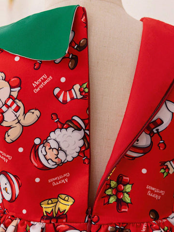Young Girls Santa Claus Graphic Holiday Party Princess Dress, Fabric Print Design Randomly Cut, Suitable For Celebration Evening