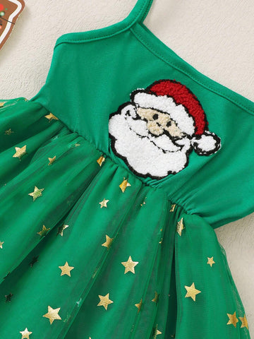 Young Girls Santa Claus Jacquard Pattern Metallic Star Mesh Spaghetti Strap Dress
