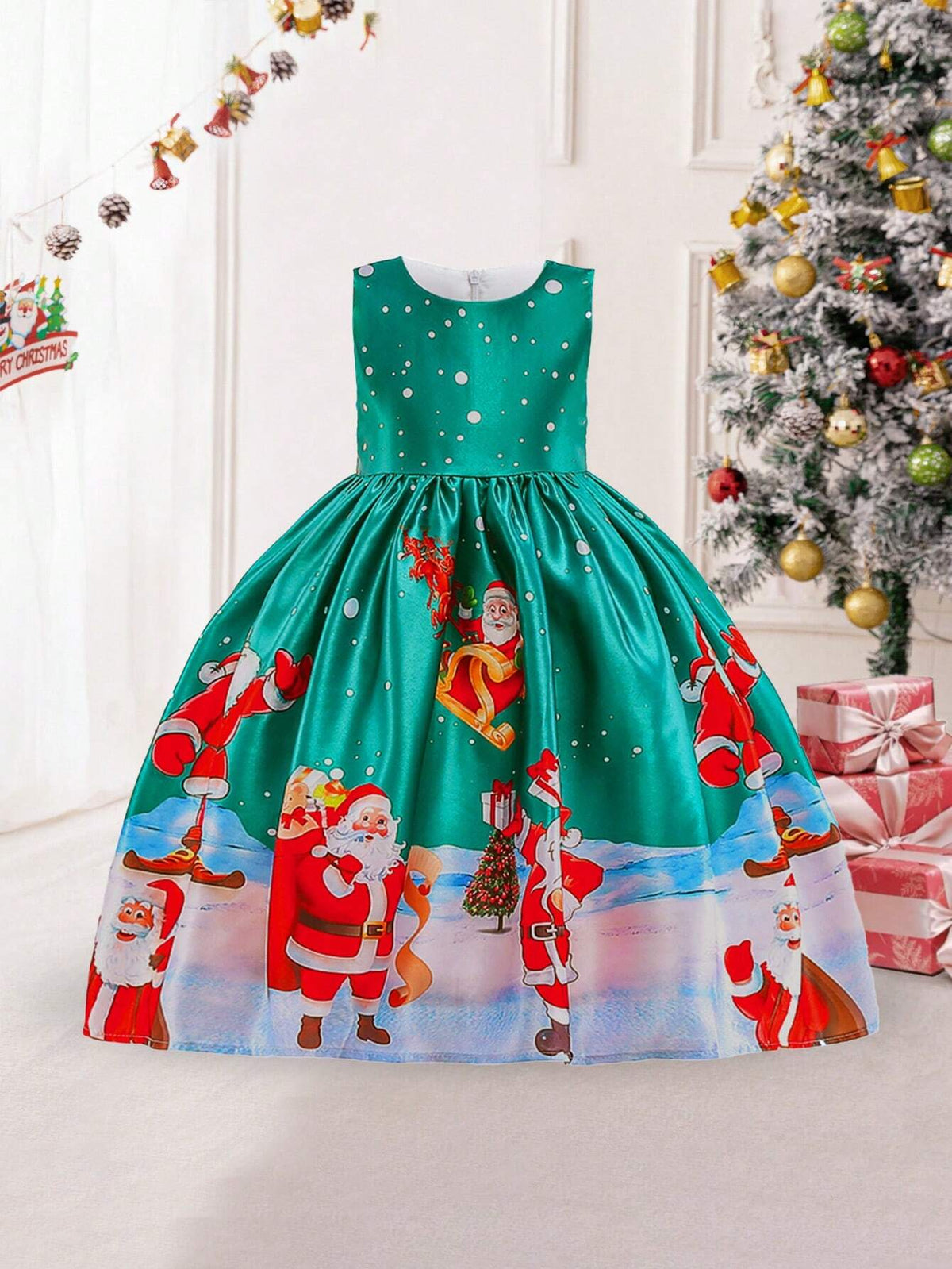Young Girls Santa Claus Print Holiday Party Dress For Family Gathering, Pattern Random, No Headpiece Included