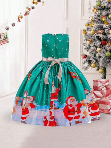 Young Girls Santa Claus Print Holiday Party Dress For Family Gathering, Pattern Random, No Headpiece Included