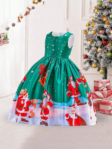 Young Girls Santa Claus Print Holiday Party Dress For Family Gathering, Pattern Random, No Headpiece Included