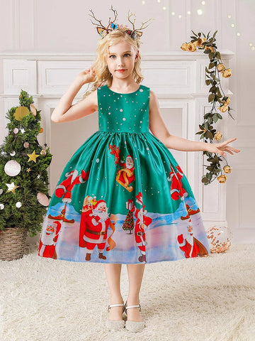 Young Girls Santa Claus Print Holiday Party Dress For Family Gathering, Pattern Random, No Headpiece Included