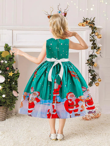 Young Girls Santa Claus Print Holiday Party Dress For Family Gathering, Pattern Random, No Headpiece Included