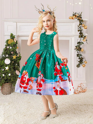 Young Girls Santa Claus Print Holiday Party Dress For Family Gathering, Pattern Random, No Headpiece Included
