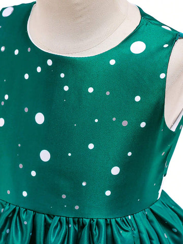 Young Girls Santa Claus Print Holiday Party Dress For Family Gathering, Pattern Random, No Headpiece Included