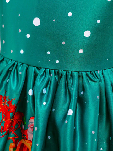 Young Girls Santa Claus Print Holiday Party Dress For Family Gathering, Pattern Random, No Headpiece Included