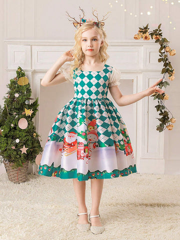 Young Girls Santa Claus & Reindeer Pattern Party Dress For Holiday Banquet, Fabric Pattern Random Cut