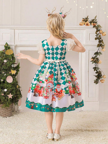Young Girls Santa Claus & Reindeer Pattern Party Dress For Holiday Banquet, Fabric Pattern Random Cut