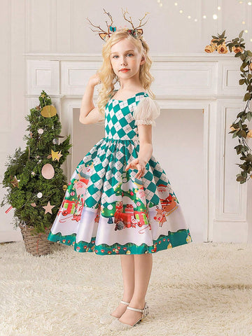 Young Girls Santa Claus & Reindeer Pattern Party Dress For Holiday Banquet, Fabric Pattern Random Cut