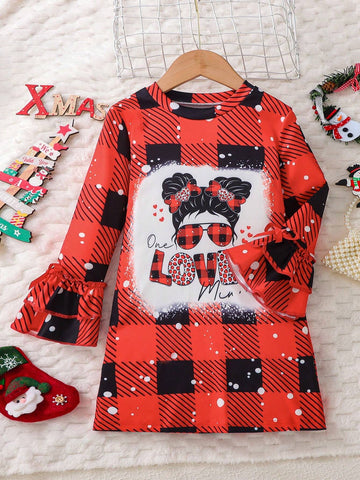 Young Girls' Satan Design Red & Black Plaid With Snowflake Print Portrait & Letter Graphic Elegant Multi-Layer Long Sleeve Round Neck Princess Dress