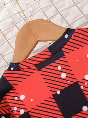 Young Girls' Satan Design Red & Black Plaid With Snowflake Print Portrait & Letter Graphic Elegant Multi-Layer Long Sleeve Round Neck Princess Dress